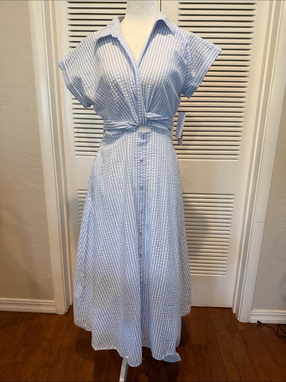 Blue & White Maxi Shirt Dress with Tie Waist